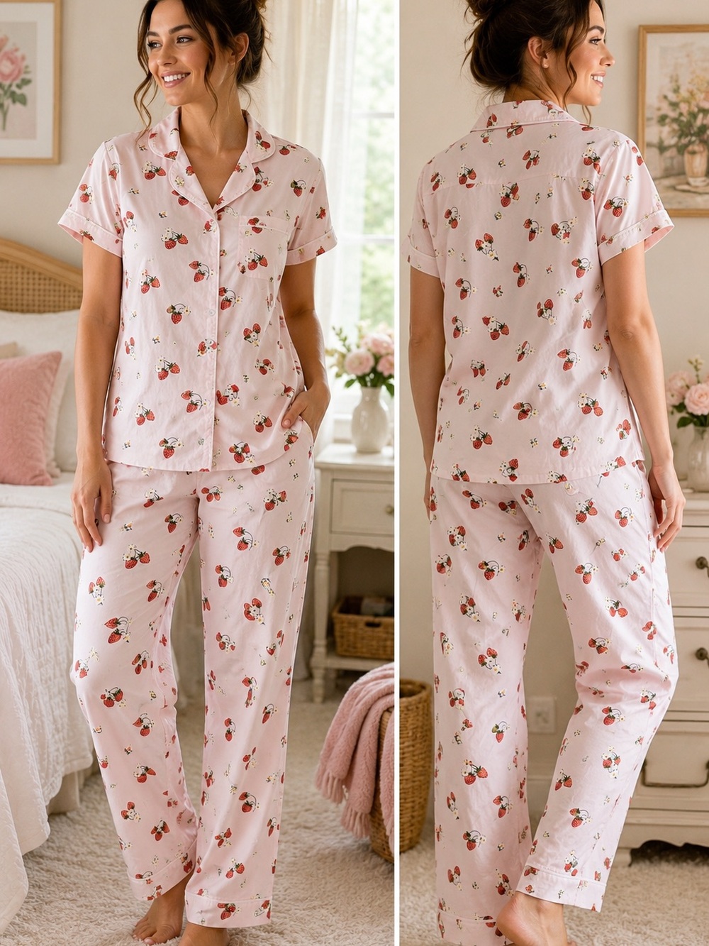 Ella Simone Strawberry Fields 100% Cotton Pajama Set Pink Button Front Size S